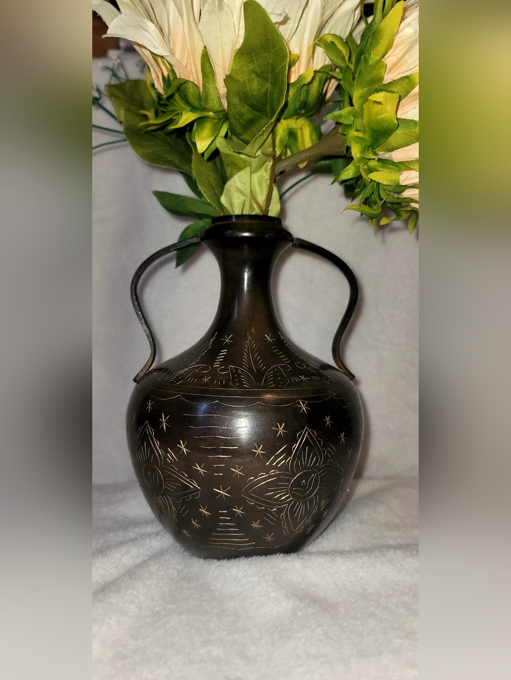 Vintage Solid Brass Amphora Vase Black Finish & Etched Designs
